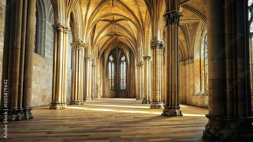 Poster sunlight streams through a large window in a cathedral, illuminating the stone columns and arched ce
