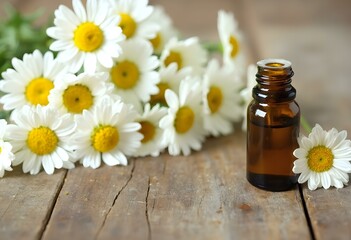 A glass bottle of essential oil surrounded by white daisy flowers on a wooden surface