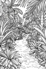 Coloring book illustration of a walking path in a lush garden setting