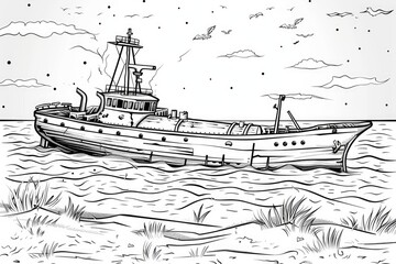 Fototapeta premium Coloring book illustration of a small tanker wreck off the coast on a sunny winter day