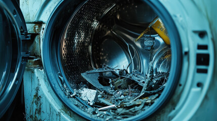 Interior view of a broken washing machine drum filled with debris and rust, showcasing neglect and damage in a domestic setting