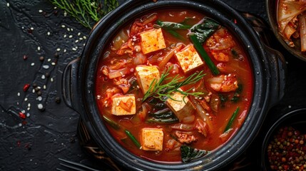 Spicy kimchi stew with pork tofu and vegetables in a bubbling hot broth