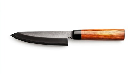 Fototapeta premium A sleek, forged chef knife with a wooden handle, perfect for culinary enthusiasts and professional chefs alike.