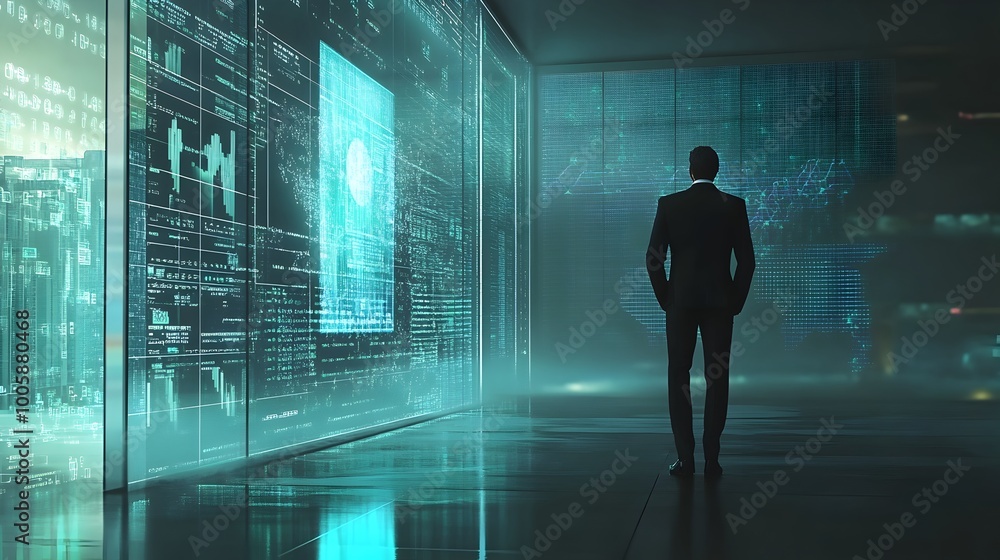Poster businessman utilizing advanced holographic digital financial planning and data analytics technology 