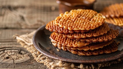 Crispy Dutch stroopwafels stacked neatly with gooey caramel filling on rustic wood