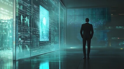 Businessman utilizing advanced holographic digital financial planning and data analytics technology in a sleek modern and tech infused corporate office setting