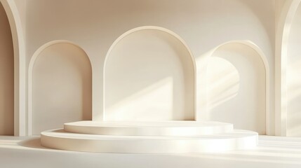Empty stage rendered in 3D with a white and cream background, minimalist and elegant design