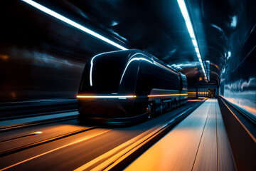 Fototapeta premium A train is traveling down a tunnel with bright lights. The train is black and has a bright orange stripe. The tunnel is dark and the lights are on, creating a sense of movement and energy