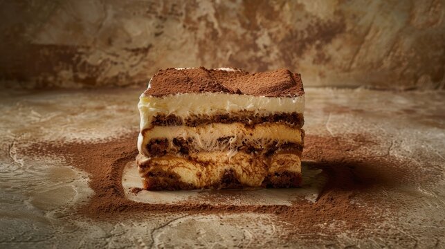 Rich tiramisu with coffee-soaked ladyfingers and mascarpone on soft brown wallpaper