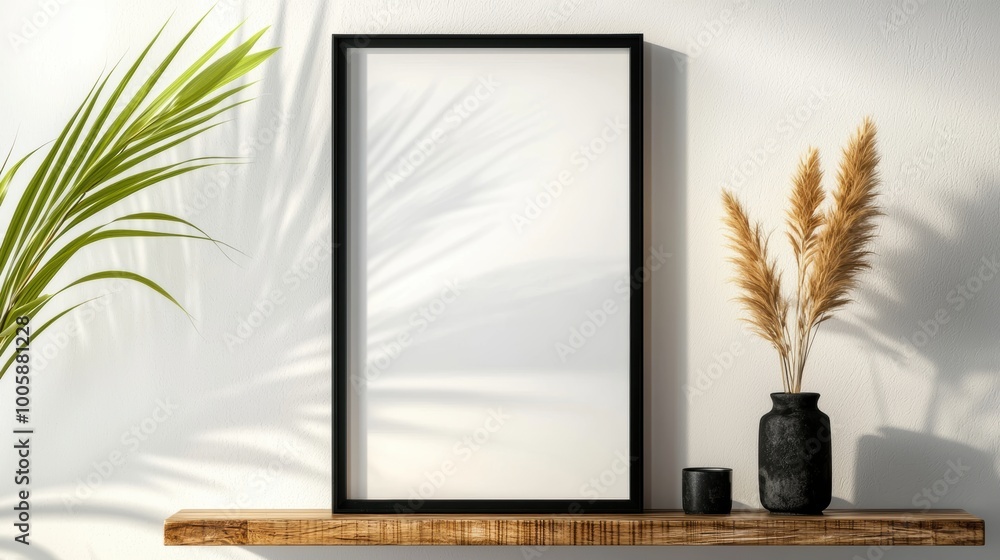 Poster rustic black frame on shelf with decorative elements