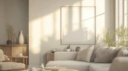 Fototapeta premium A serene living room with natural light, plants, and minimalist decor.