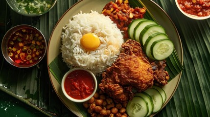 Rich nasi lemak with coconut rice fried chicken sambal and cucumbers on green