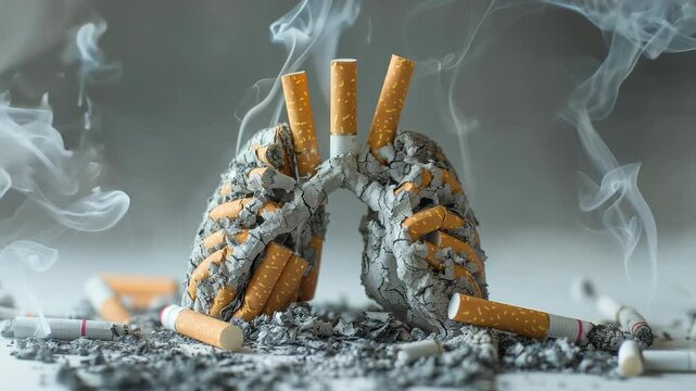 Burning Cigarette Sculpture of Lungs with Rising Smoke in Timelapse