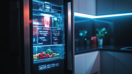 A sleek, modern refrigerator with interior LED lighting displays fresh produce and beverages, set in a stylish kitchen environment.