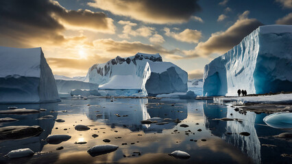 Serene scene of Antarctica with thick ice melting due to climate change. No signs of life are present. Sun is partially hidden under dramatic dark clouds, with sunlight reflecting off water's surface.