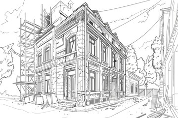 Fototapeta premium Coloring book illustration of a historical building renovation on a charming street
