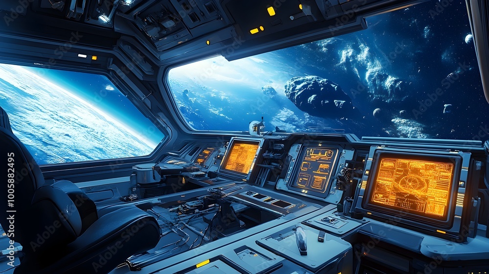 Poster futuristic and highly advanced space station with sleek design panoramic views of the cosmos and a s