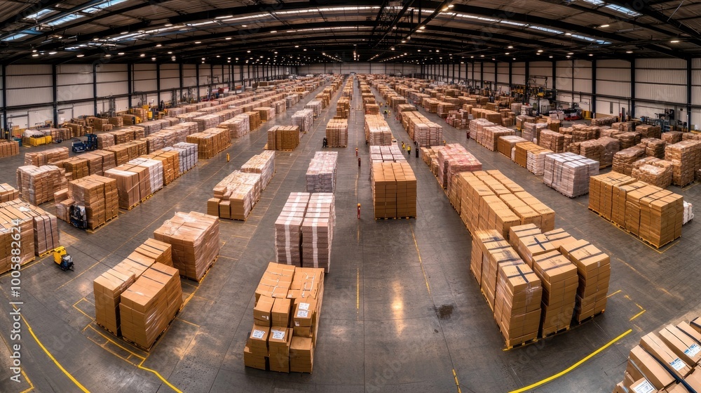 Poster a spacious warehouse filled with neatly stacked boxes and pallets, showcasing efficient logistics an