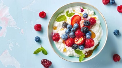 Skyr with fresh berries and a drizzle of honey set on a light sky blue background