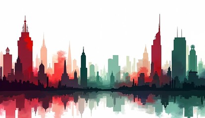 Obraz premium Illustration of a futuristic building shadow with a combination of green, red and black on a white background.