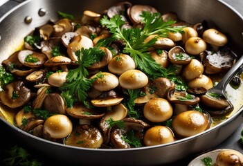 Fototapeta premium close view mushrooms cooked perfection pan capturing rich color delicious texture, culinary, cuisine, gourmet, ingredient, cooking, steam, oven, flavor