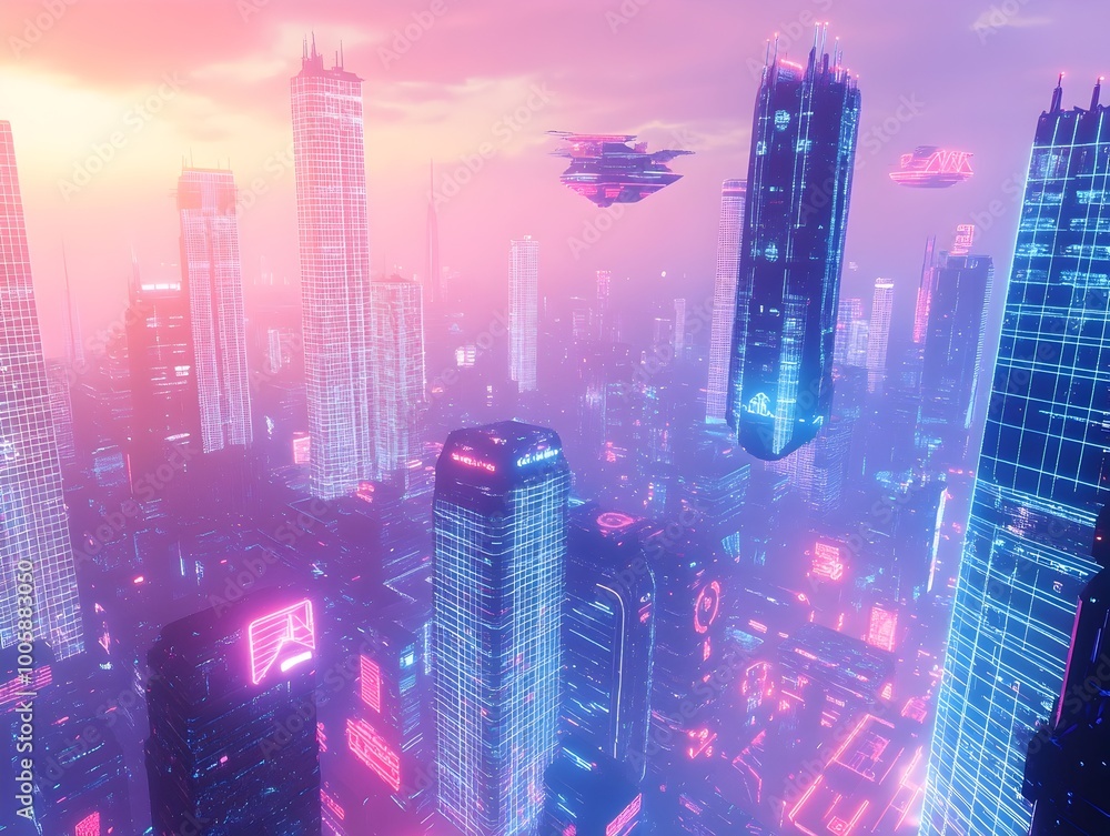 Poster neon drenched futuristic landscape with gleaming skyscrapers floating architectural structures and i