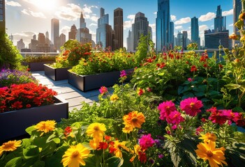 Fototapeta premium vibrant urban rooftop garden lush colorful thriving plant life amidst cityscape, aesthetic, blooms, biodiversity, birds, ceramics, climate, containers