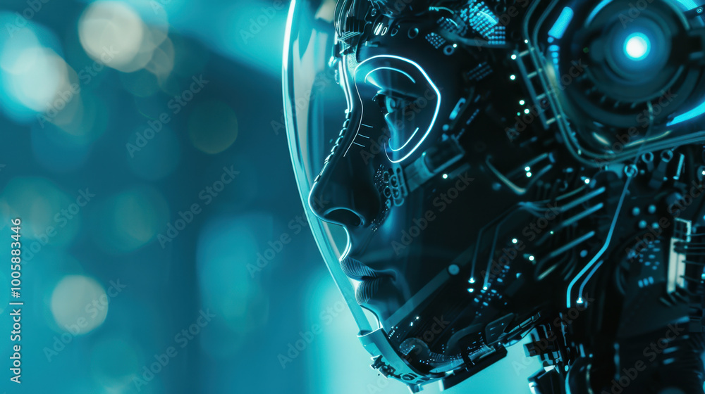Aufkleber futuristic robotic face with intricate circuitry and glowing elements, showcasing advanced technolog
