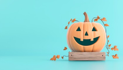 A bright, smiling pumpkin with leafy vines trailing around a wooden sign, offering a cozy, rustic vibe to any fall or Halloween-themed design.