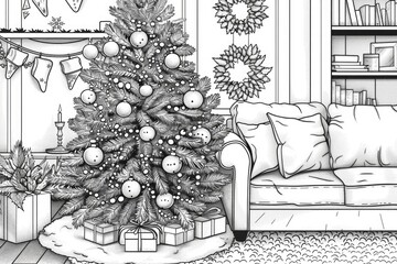 Coloring book illustration of a festive tree adorned with sparkling decorations in a cozy living room setting
