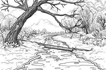 Fototapeta premium Coloring book illustration of a forest road adorned with melting snow and puddles in spring featuring a tree leaning across the path