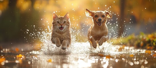 Playful Cat and Dog Running Through Water in Autumn Park with Sunlight