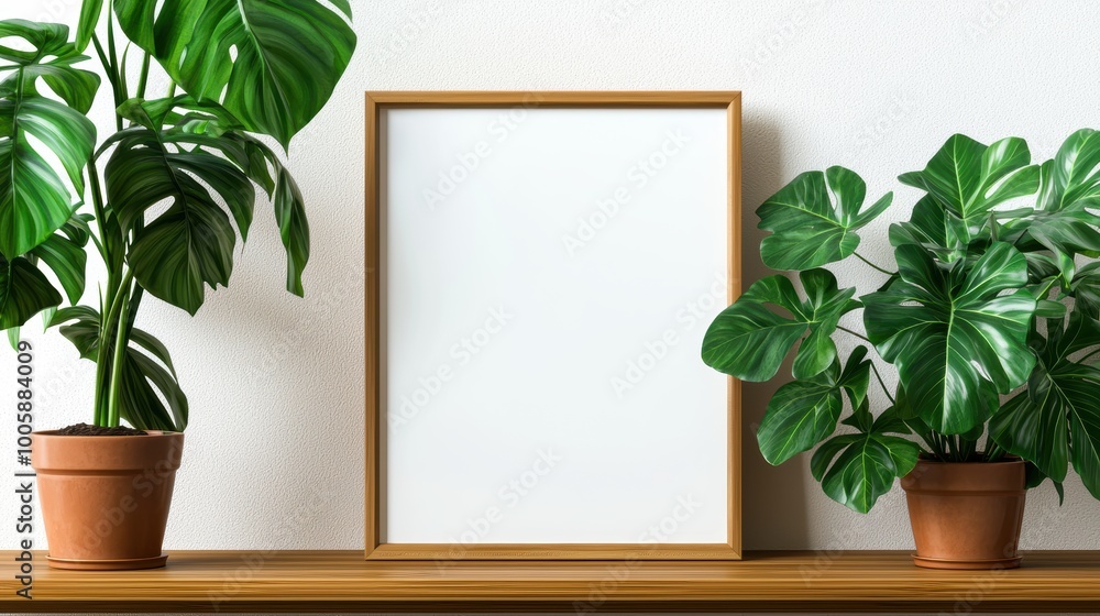 Poster minimalist room mock-up with empty frame and plants