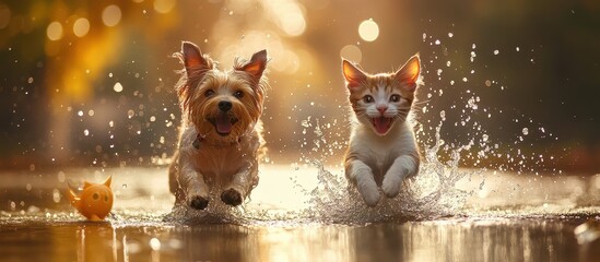 Joyful Dog and Cat Playing in Water at Sunset with Bokeh Background