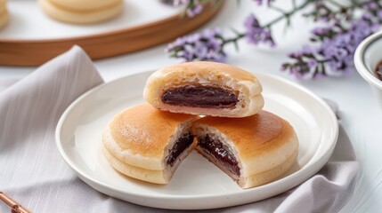 Sweet dorayaki pancakes with red bean paste on soft lavender backdrop