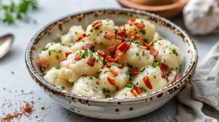 Bryndzov&eacute; halu&scaron;ky topped with cheese and bacon on a light gray background