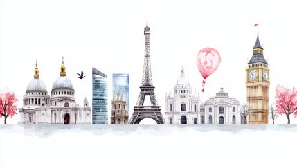 Fototapeta premium A collage of iconic landmarks from cities like New York, London, and Paris, set against a minimalist background, emphasizing their cultural significance.