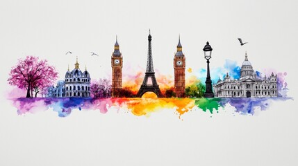 Obraz premium A collage of iconic landmarks from cities like New York, London, and Paris, set against a minimalist background, emphasizing their cultural significance.