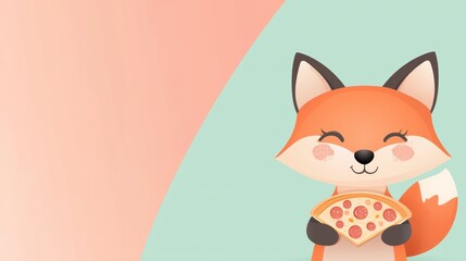 A cheerful fox with a slice of pizza in its paws on a gradient pastel peach and mint background.