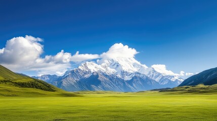 A stunning panoramic view of majestic mountains under a clear blue sky, surrounded by lush green meadows.