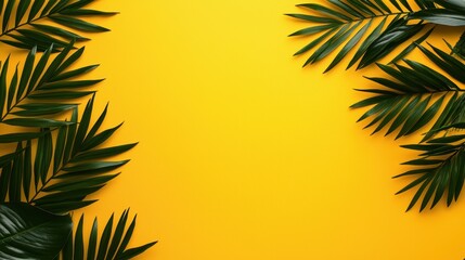 Tropical Yellow Background with Green Leaves