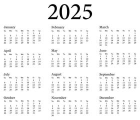2025 yearly wall Calendar. Calendar dates planning. Planner vector illustration on isolated background. Calendar 2025 English