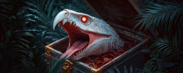 A dangerous mimic disguised as a treasure chest, its jaws wide open revealing sharp teeth and a menacing tongue, with wings and a glowing eye watching for prey.