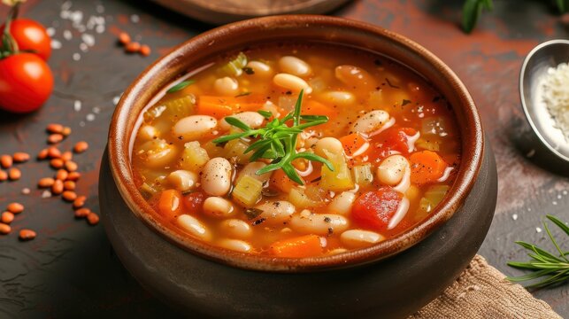 Traditional fasolada soup with white beans tomatoes and celery on orange wallpaper