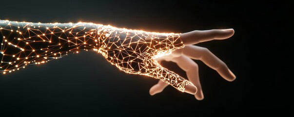 Obraz premium Abstract AI concept of a human hand glowing with light, reaching toward an intricate neural network, with bright energy flowing between them.