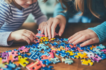 Mother and her young daughter are spending time together, assembling a puzzle on a wooden table