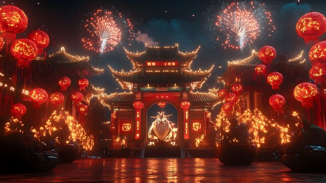 Majestic Pixiu Guarding the Entrance of a Traditional Chinese Palace During a Festive by Vibrant Red Lanterns and Illuminated by Fireworks in the Night Sky