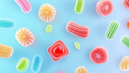Artistic top-down of striped mints and fruit-flavored gummies on a pastel blue background.