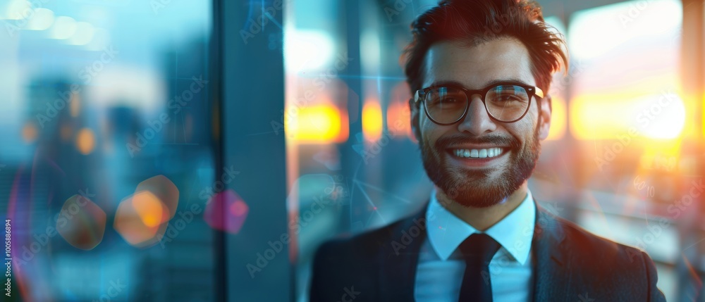 Wall mural professional man in suit smiling with city background