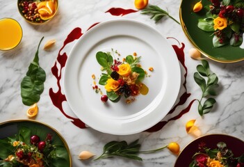 elegant presentation artfully plated dishes polished marble countertops sophisticated culinary details, plating, cuisine, gourmet, food, elegance, texture